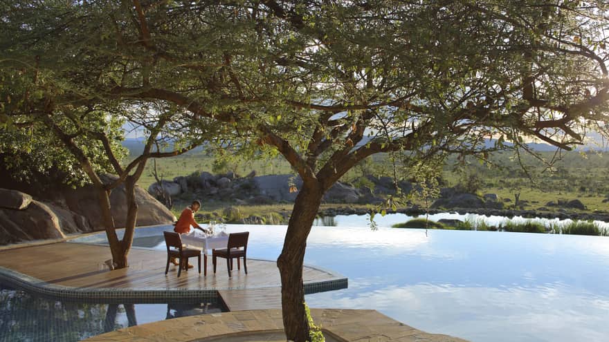 Hotel staff sets small patio table on wood platform beside tree, outdoor swimming pool