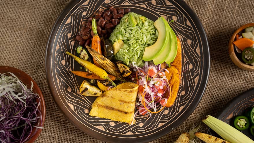 Plate of green rice, black beans, avocado slices, grilled carrots, pico de gallo and a grilled tortilla