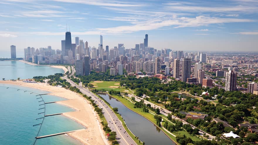 A beachfront view of Chicago on a sunny day