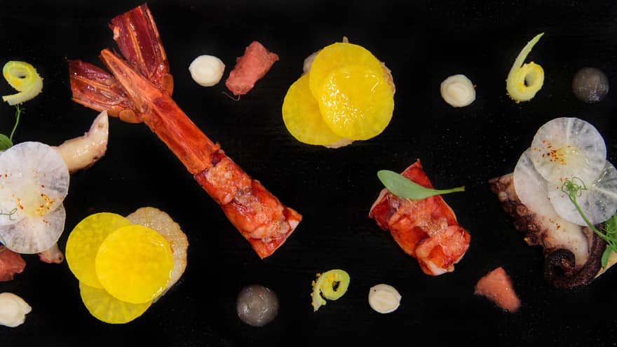 Aerial view of gourmet seafood platter 