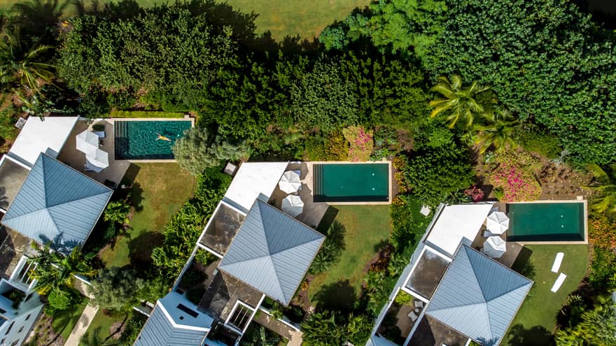 Aerial view of Nevis villas will pools