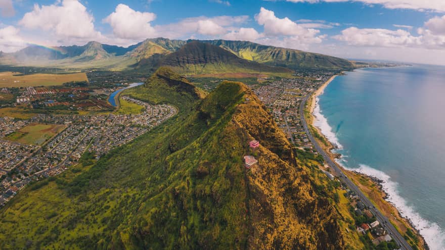 Aerial view of Hawaiian coastline and trail for the Ma'ili Pillbox Hike