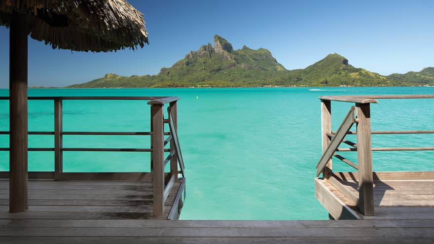 Mountain View Overwater Bungalow deck, looking out at lagoon and Mount Otemanu 