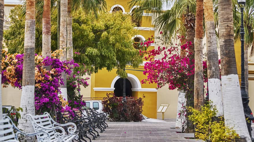 A tiled walkway lined with palm trees, bougainvillea flowers and wrought iron benches leads to a brightly coloured gatehouse.