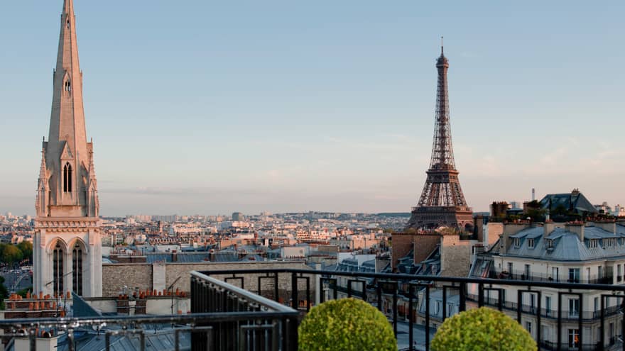 Eiffel Tower views from balcony of a luxury hotel suite