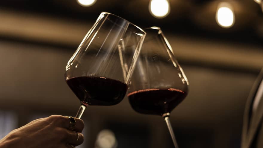 Two guests holding wine glasses with lights in the background.