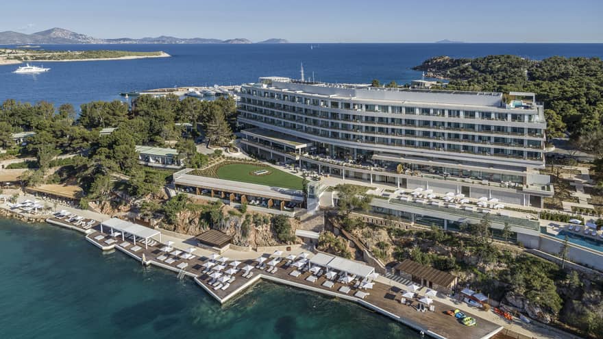 Aerial view over Athens Four Seasons Hotel and Resort building, waterfront