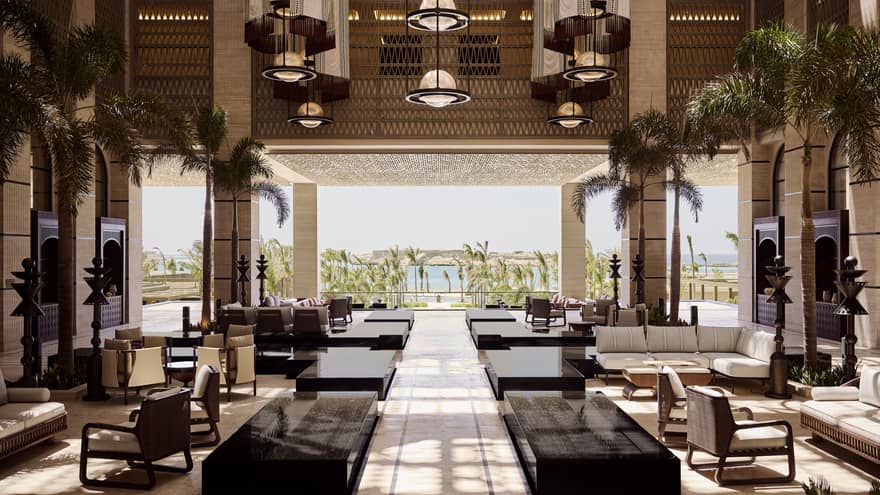 Luxury resort lobby open to the sea-view pool terrace
