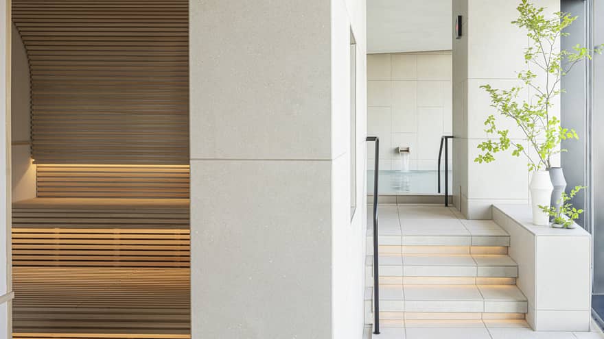 The Spa with sauna and steps leading to ofuro at The Spa at Four Seasons Hotel Osaka