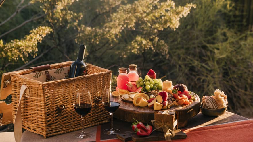 Picnic basket with fruit, cheese and wine