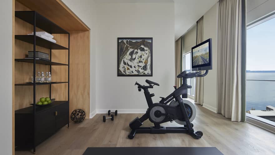 Private fitness room with bike and wall of windows