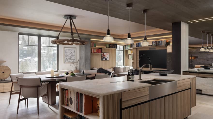 Contemporary kitchen island leading into contemporary living and dining room