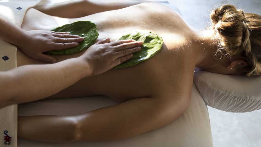 Woman face-down on table as masseuse rubs Nopal cactus leaves on her back with Mexican Nakieri Treatment
