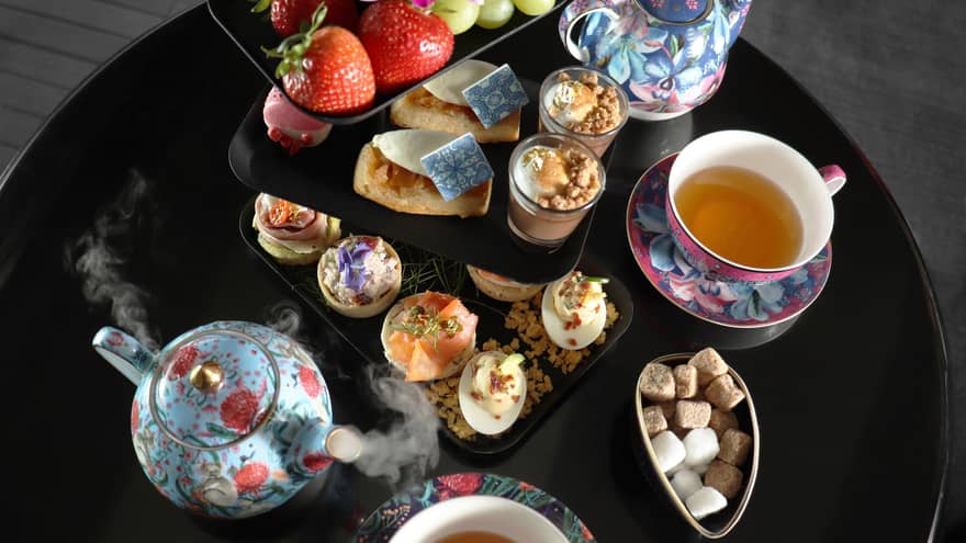 A colourful afternoon tea set.