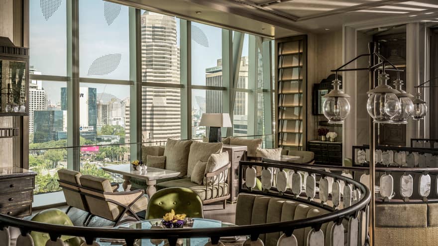 Lobby Lounge seating area with view of city skyline