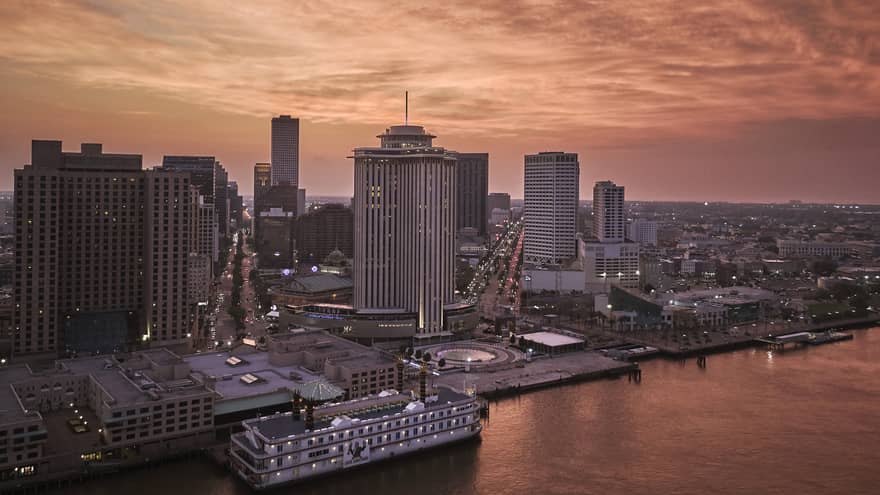 City skyline of New Orleans at sunset.