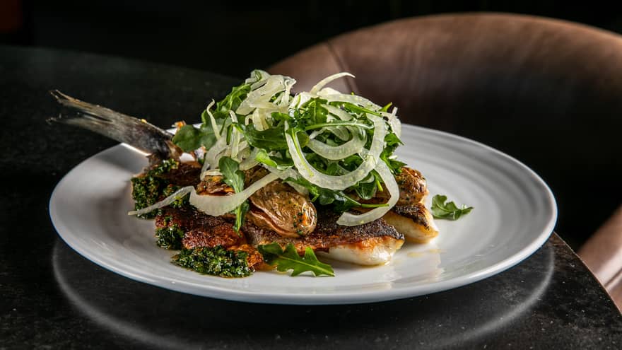 Fish and greens on a white plate.
