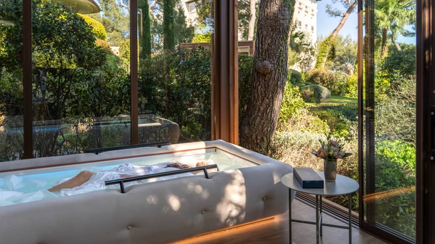 A serene glass-enclosed spa space with a small, raised, oblong pool. Trees and greenery are visible through the glass walls and surround the space.