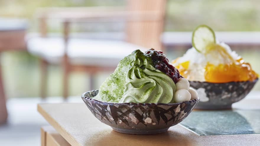 Shaved ice with matcha, yuzu, sweetened bean paste and rice flour dumplings