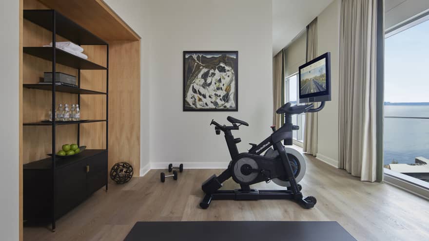 Private fitness room with bike and wall of windows