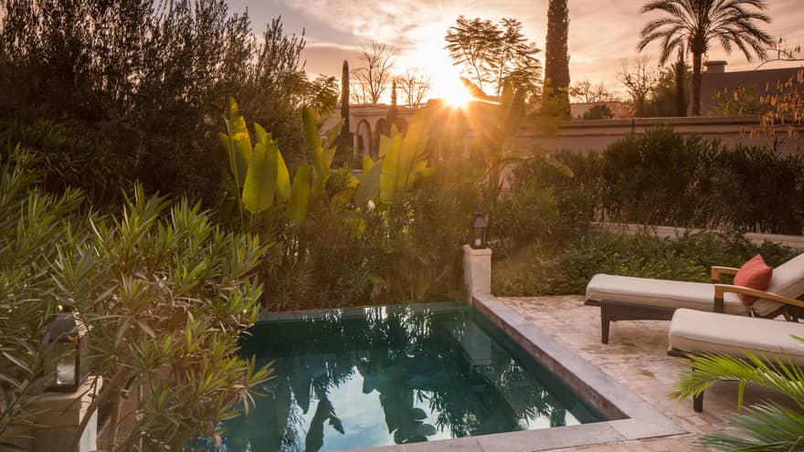 Sunset over tropical plants, garden by private villa plunge pool
