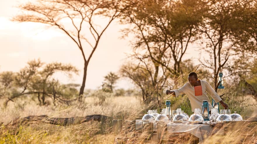 Hotel staff places lantern on long dining table with silver dome planets in grassy field