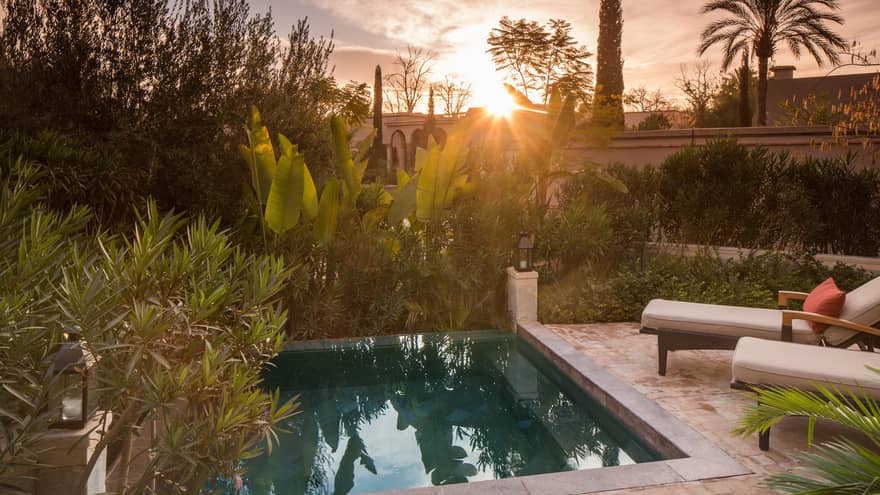 Sunset over tropical plants, garden by private villa plunge pool