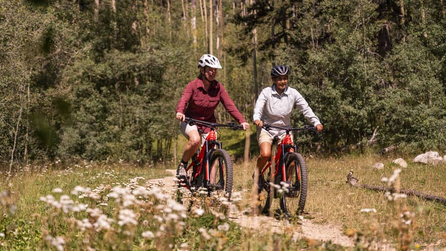 Two people on bikes riding along a trail nears a forest.