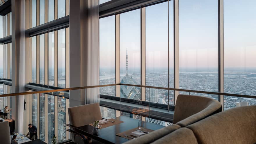 Skyline city views from luxury hotel lounge