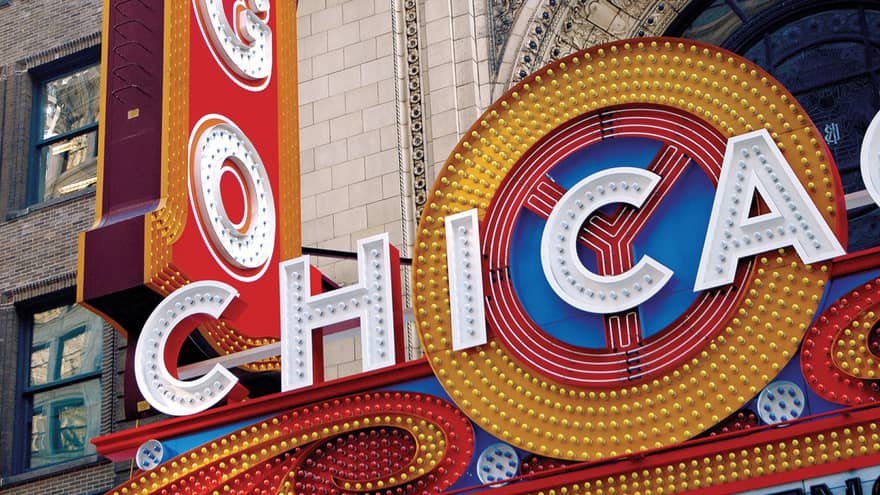 The Chicago Theatre sign, covered in small multicolored lights