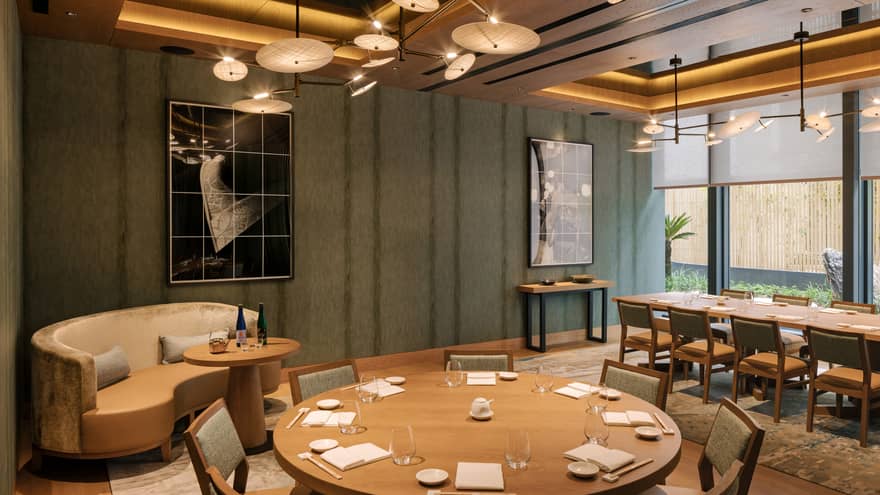 Nobu dining room with views of designer Japanese garden