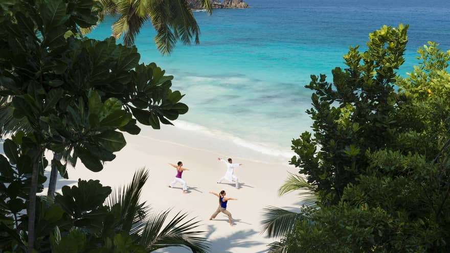 Aerial view of sandy beach through palm leaves where three people do yoga