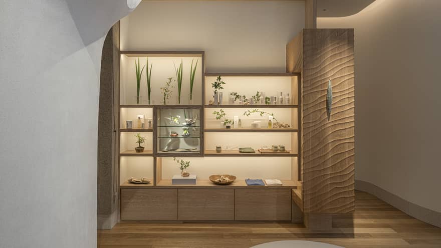 Modern spa boutique's illuminated shelving at The Spa at Four Seasons Hotel Osaka