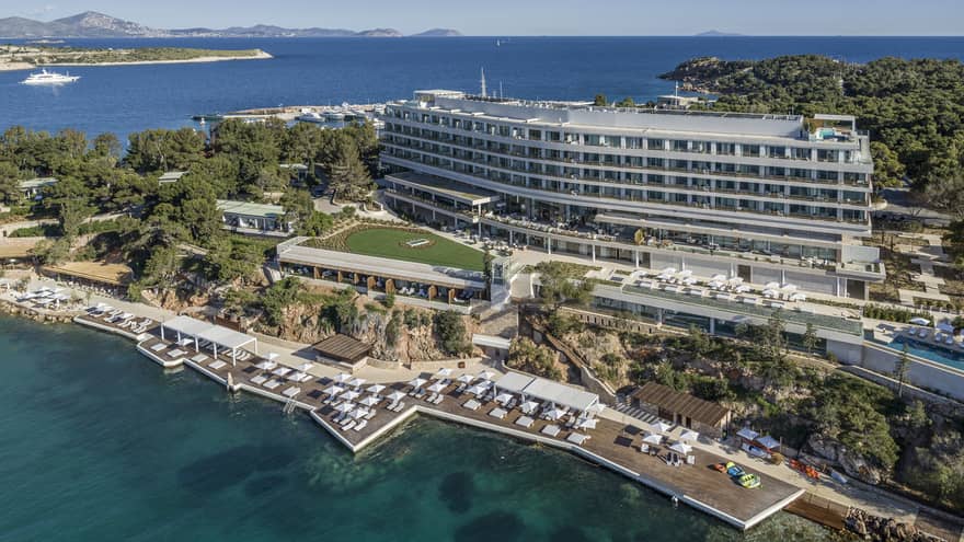 Aerial view over Athens Four Seasons Hotel and Resort building, waterfront