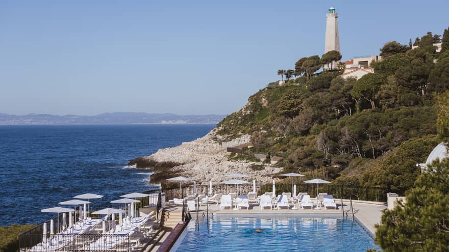 French Riviera coastal sea view from luxury hotel pool