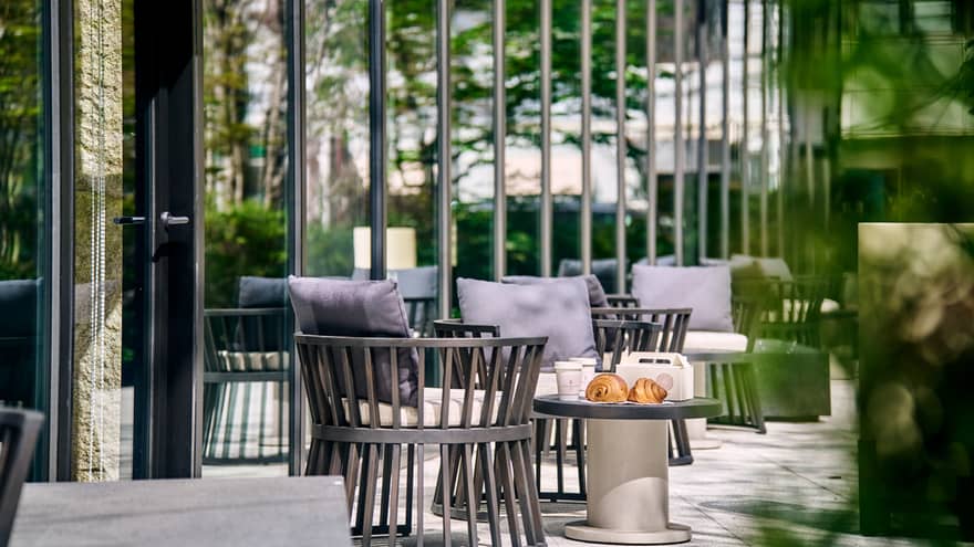 Outside seating on a sunlit patio