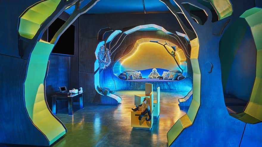 Blue and green underwater-style kids play room