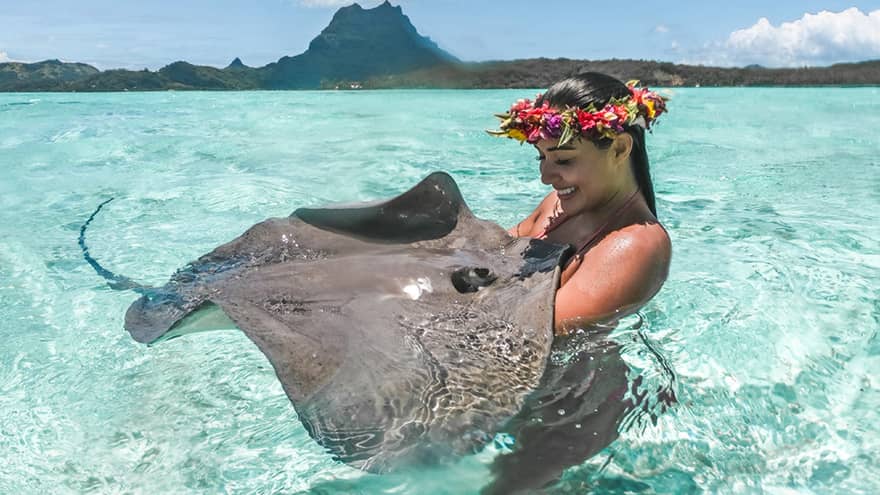Woman wearing pink, red and yellow floral crown stands in the ocean holding a large manta ray in her arms