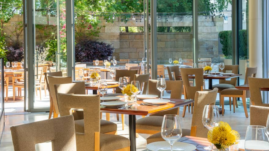 Dining room with yellow chairs and floor-to-ceiling windows.