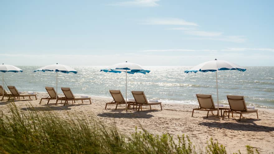 Four pairs of lounge chairs, each with a white umbrella, are lined up on the sand overlooking the ocean on a private beach