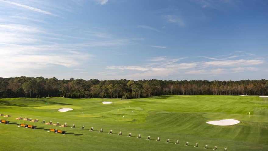 View over large green field golf practice facility, trees in distance