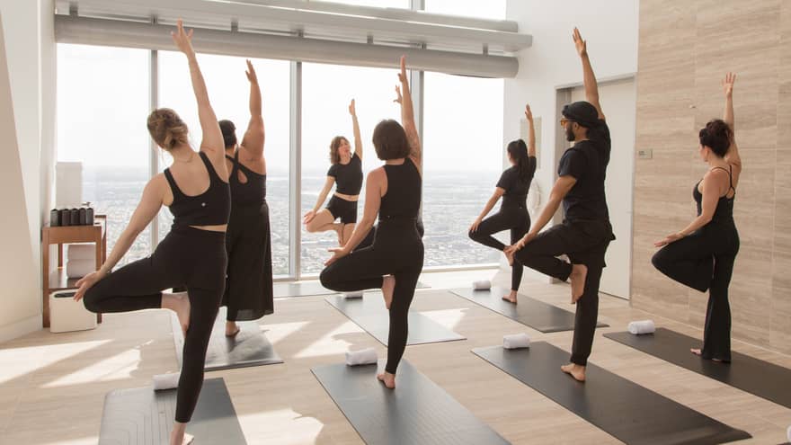 Guests taking a yoga class in a room with floor-to-ceiling windows