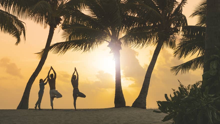 The morning sun silhouetting a couple doing yoga poses with an instructor on a beach surrounded by palm trees and greenery.