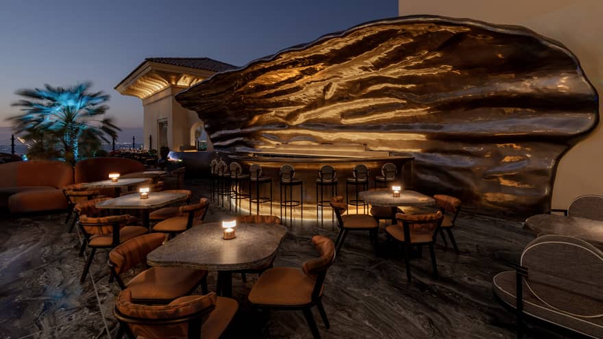 Modern shell-like bar on a rooftop lounge in Dubai