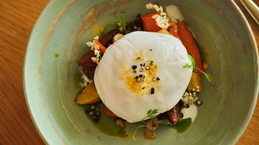 Burrata paired with seasonal produce, bright citrus and delicate herbs