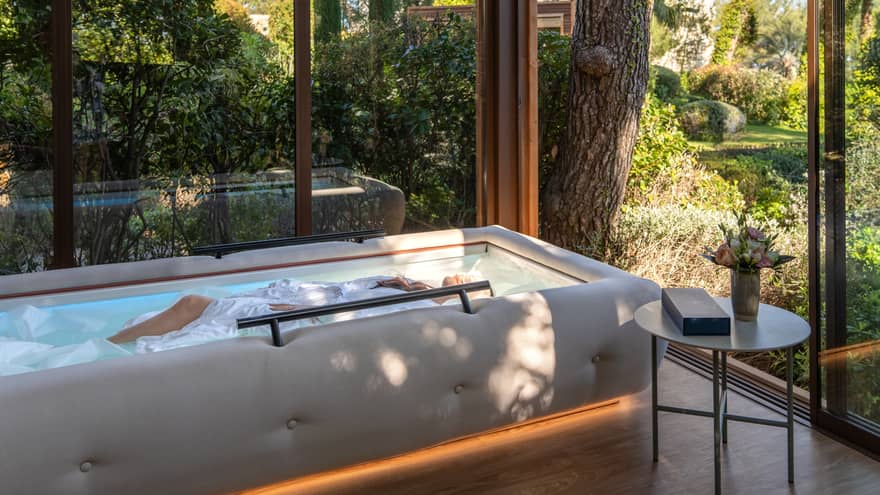 A serene glass-enclosed spa space with a small, raised, oblong pool. Trees and greenery are visible through the glass walls and surround the space.