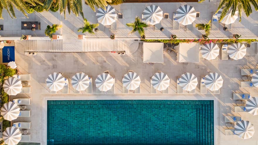 An outdoor pool surrounded by white umbrellas, lounge chairs and palm trees.