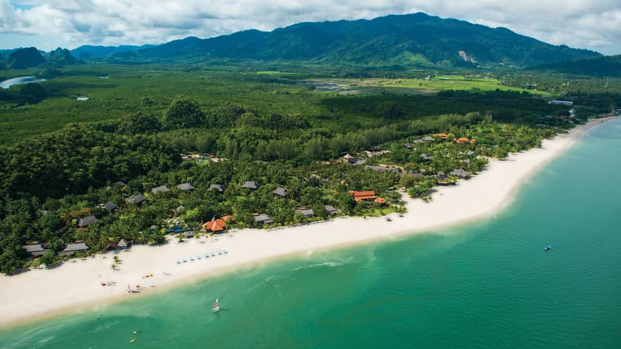Aerial view of Four Seasons Langkawi Malaysia resort, white sand beach, ocean