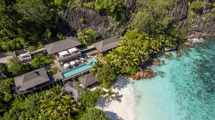 Aerial look at three-bedroom suite on Seychelles beach