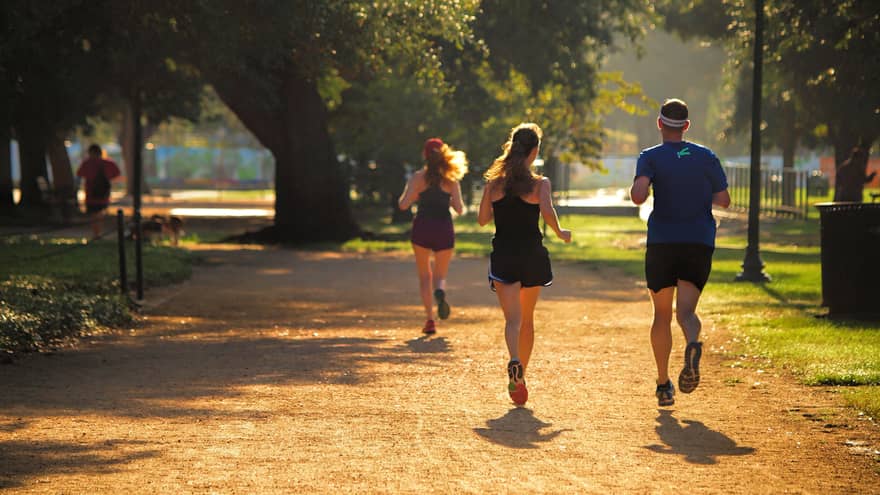 Back view of two women and a man in shorts and T-shirts, jogging down a park path